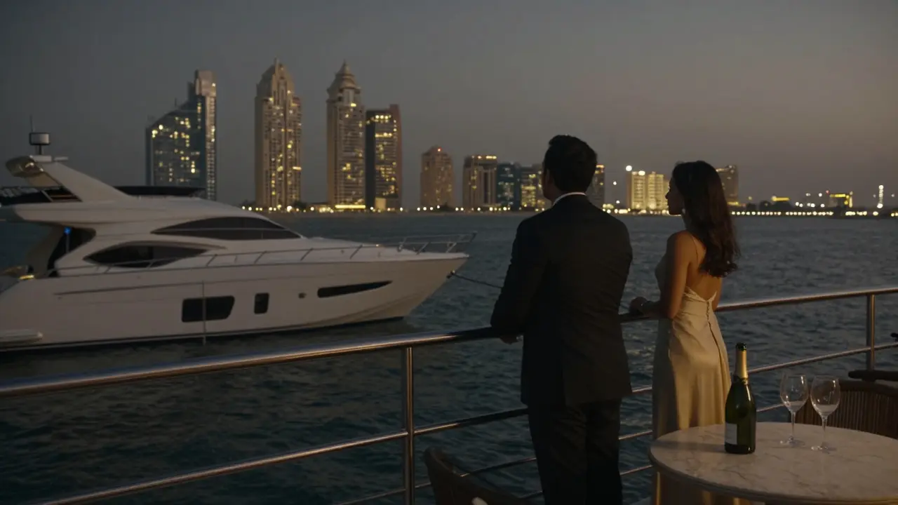 Two people stand quietly on a private yacht at twilight, gazing at city lights without physical contact.