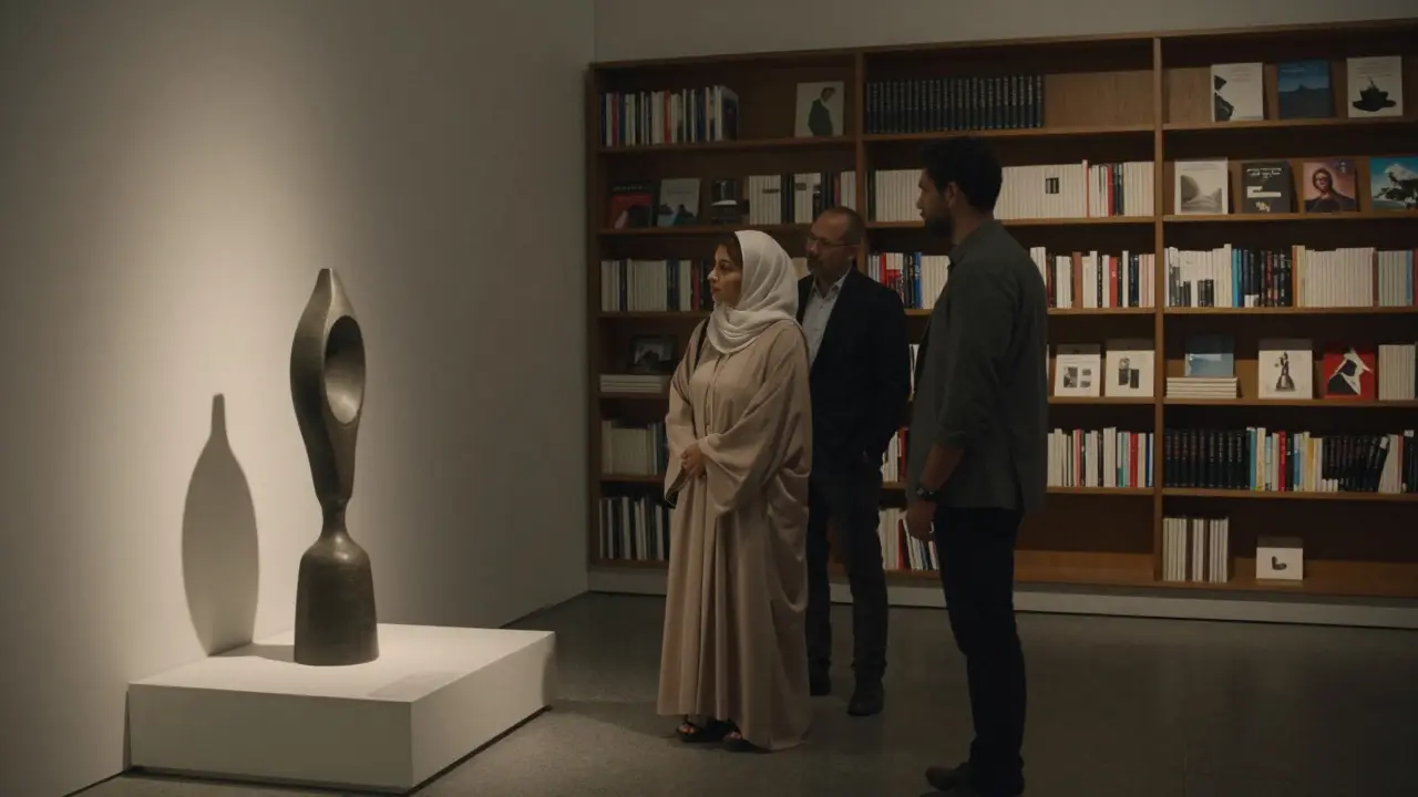 Two people standing in silent contemplation before a sculpture in a dimly lit Louvre Abu Dhabi gallery after hours.