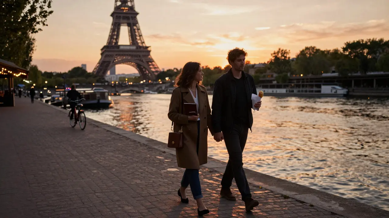 Two people walking along the Seine at sunset, the Eiffel Tower glowing in the distance.