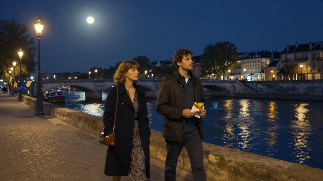 Two people walking peacefully along the Seine at night, enjoying the city's ambiance without physical contact.