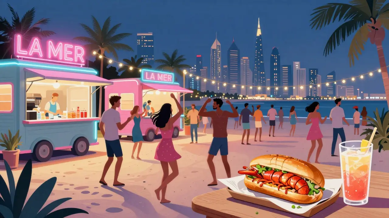 Vibrant La Mer Beach Club at night with neon lights, dancing crowd, and food trucks under string lights.