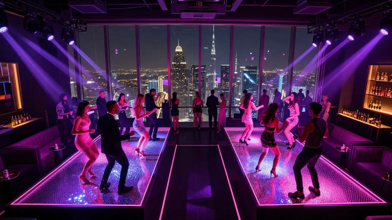 Vibrant nightclub with dancing crowds, neon lights, and city views from a high-rise.