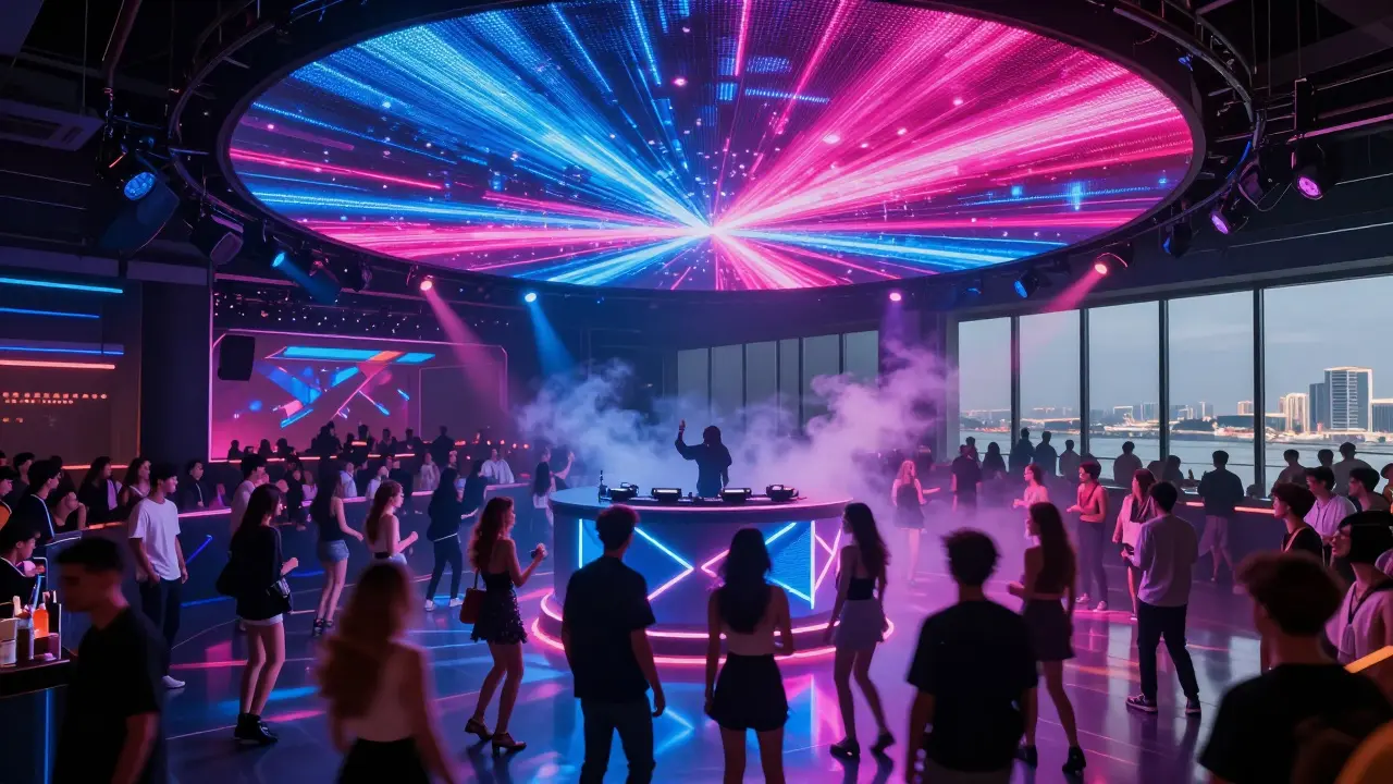 Vibrant nightclub with LED ceiling and dancing crowd under neon lights.