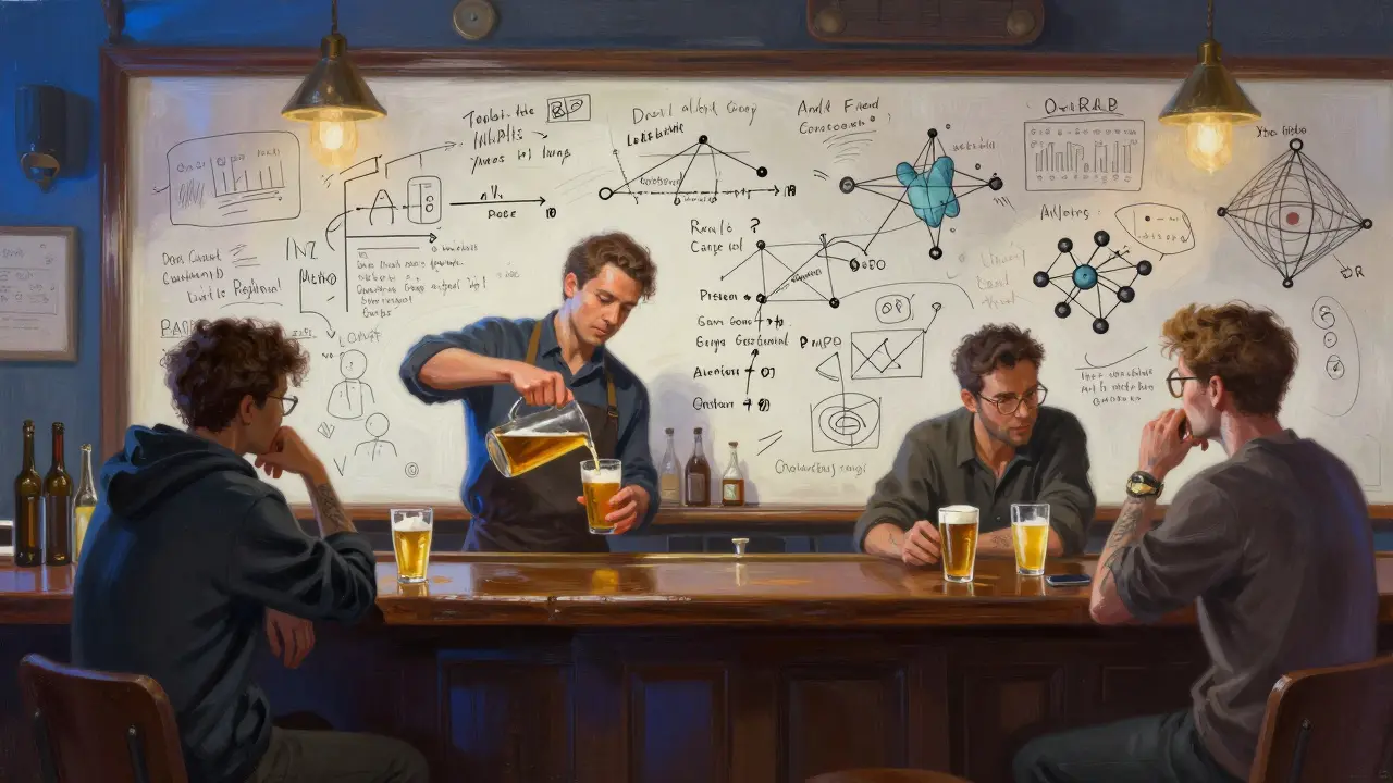 Whiteboard-covered bar in Shoreditch with tech professionals debating ideas over craft beers.