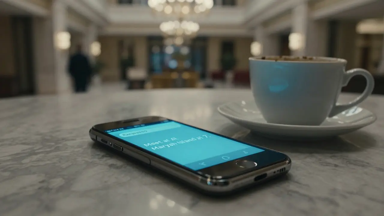 A burner phone on a marble counter displays an encrypted message, beside a coffee cup, under the blurred luxury of a hotel lobby.