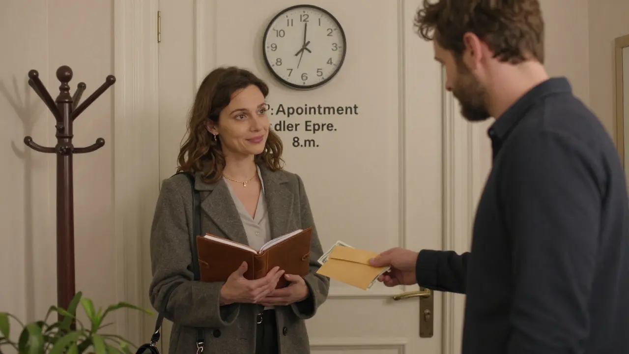 A client handing cash to an escort at the door, with time clearly marked on a clock.