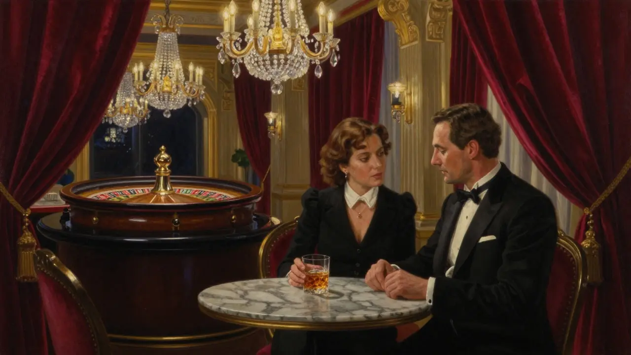 A couple in black tie sits quietly in the opulent Bar Ritz, surrounded by chandeliers and velvet.