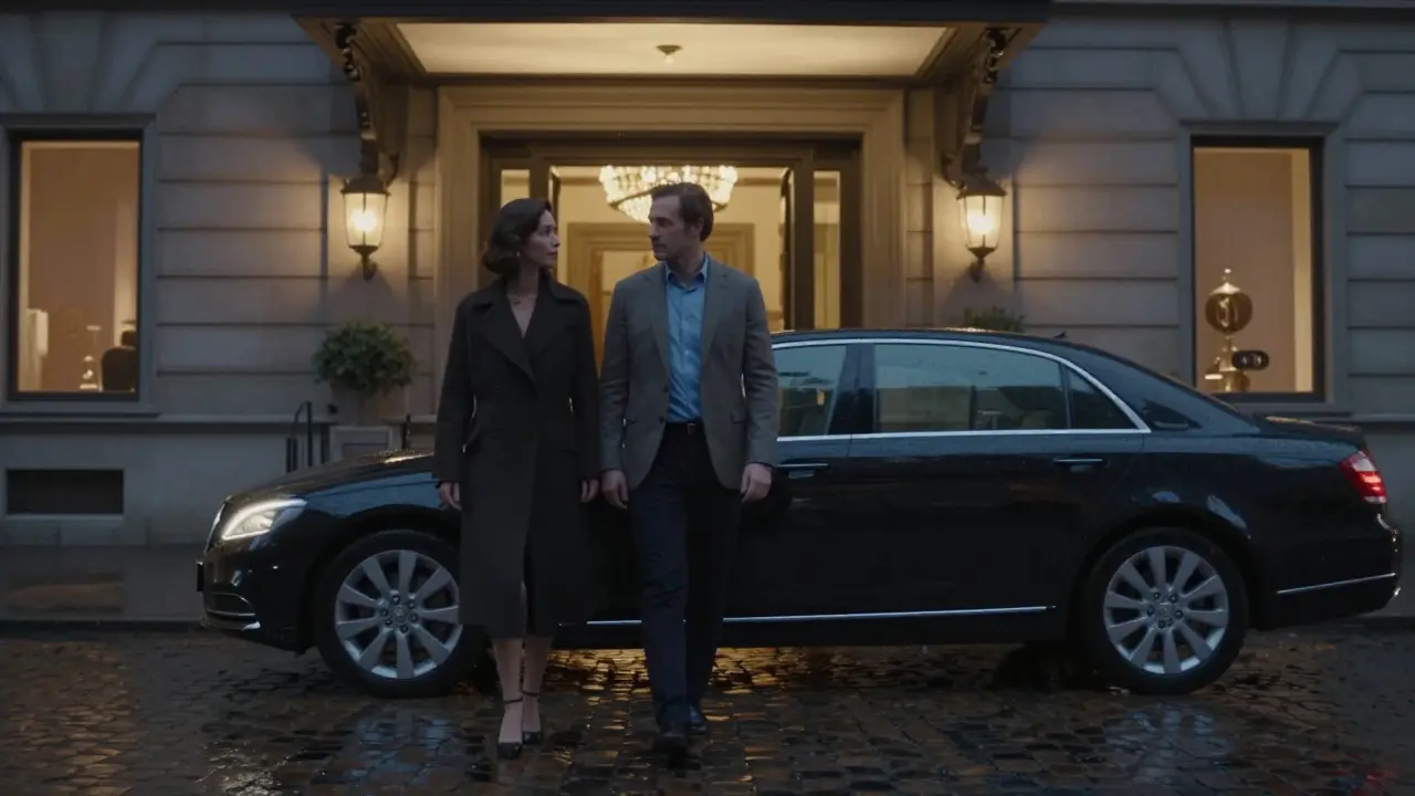 A couple stepping out of a discreet car at a Milan hotel entrance at dusk, elegant and respectful.