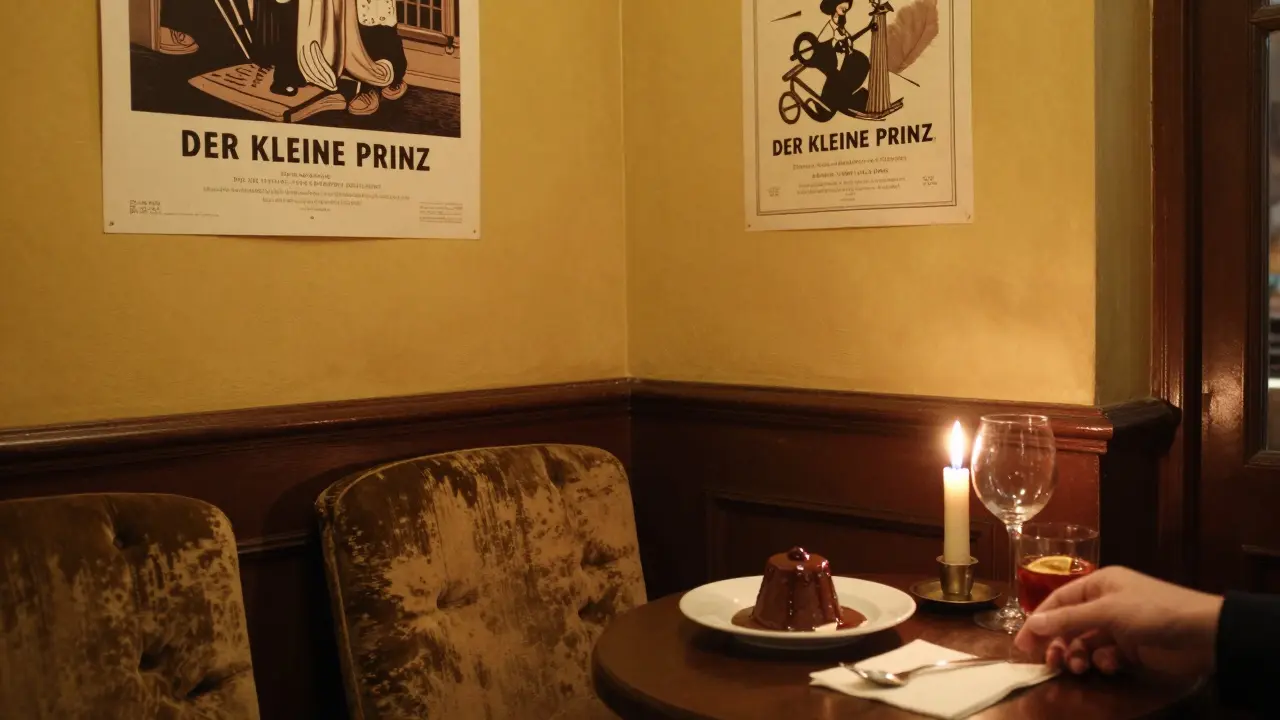 A cozy French bistro corner with vintage decor and a chocolate fondant dessert on a candlelit table.