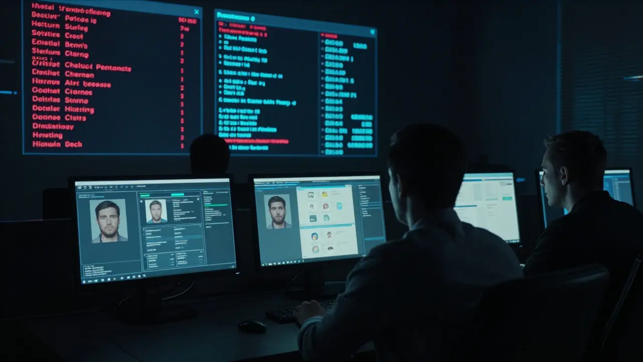 A dark surveillance room displays digital alerts for flagged hotel visits and app activity.