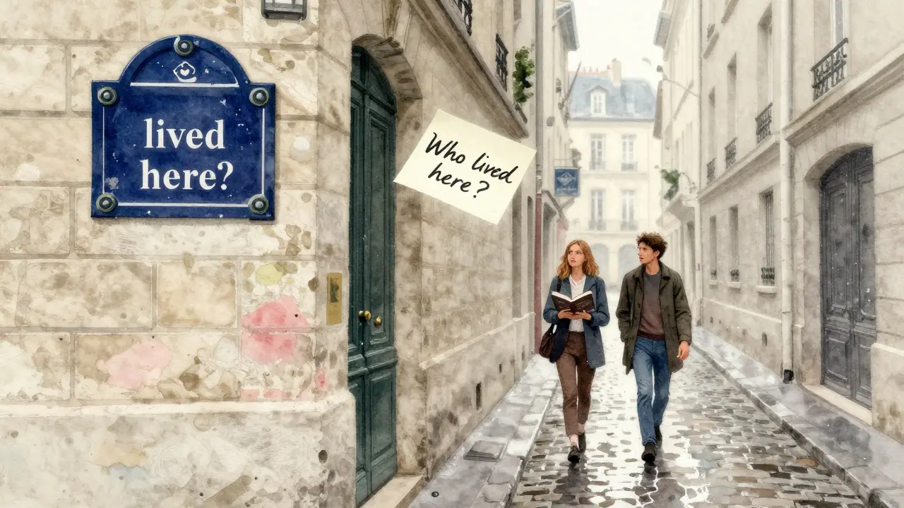 A faded plaque in a Paris alley with a floating note, two figures walking away thoughtfully.