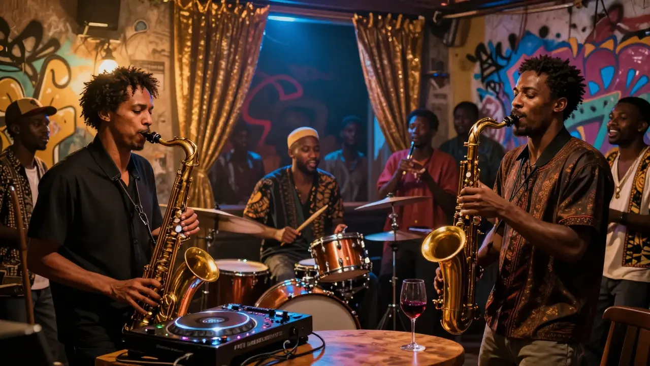 A fusion music night where jazz and electronic sounds blend, with musicians and a diverse crowd immersed in the moment.