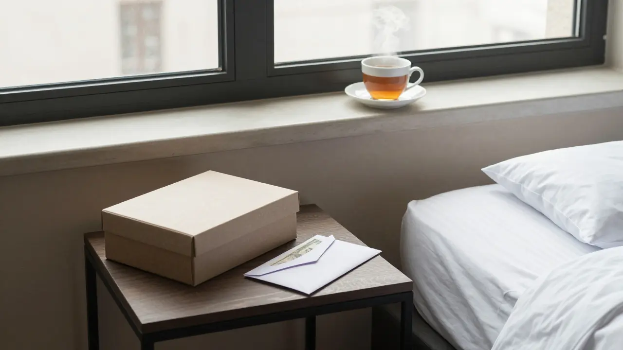 A hotel room at dawn with a sealed gift box and an envelope of cash on a table, a cooling cup of tea by the window, bed neatly made.