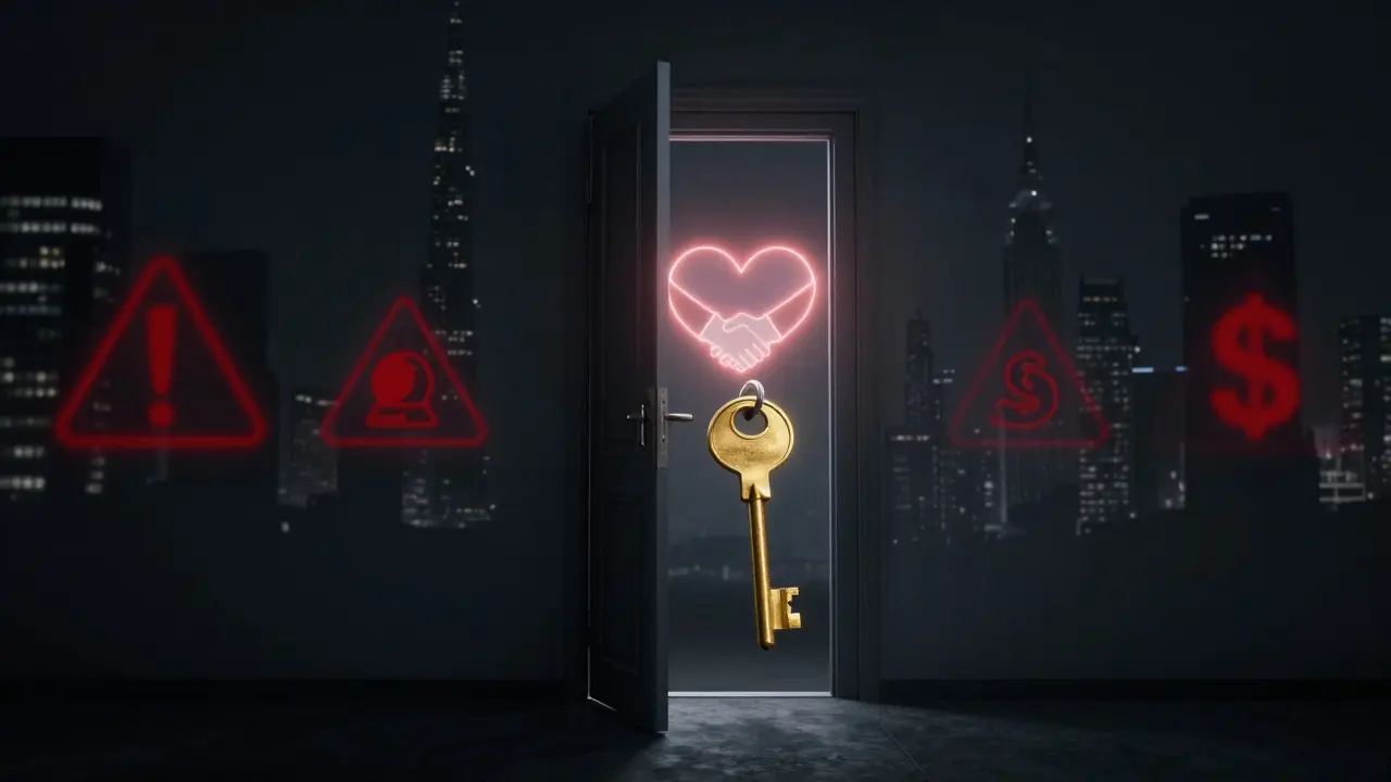 A locked door symbolizing safe choices, with a golden key and hidden trust signs against a dark Dubai skyline.