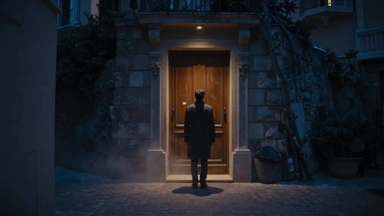 A lone figure pauses before a hidden door in Monte Carlo’s hills, faint light glowing beneath.