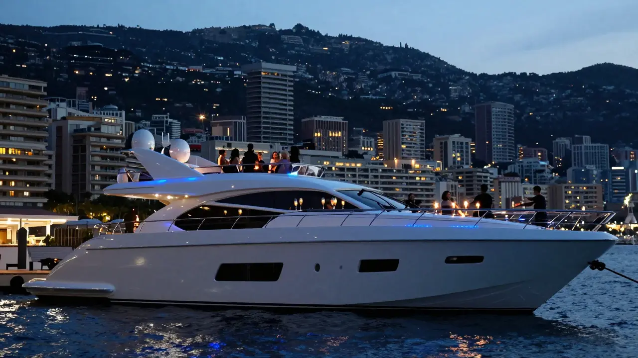 A luxurious yacht at night with glowing lights reflecting on water, the Monaco skyline sparkling in the distance.