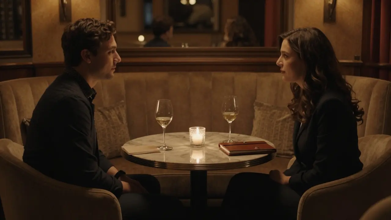 A man and woman share a quiet evening in a hotel lounge, softly lit by candlelight.