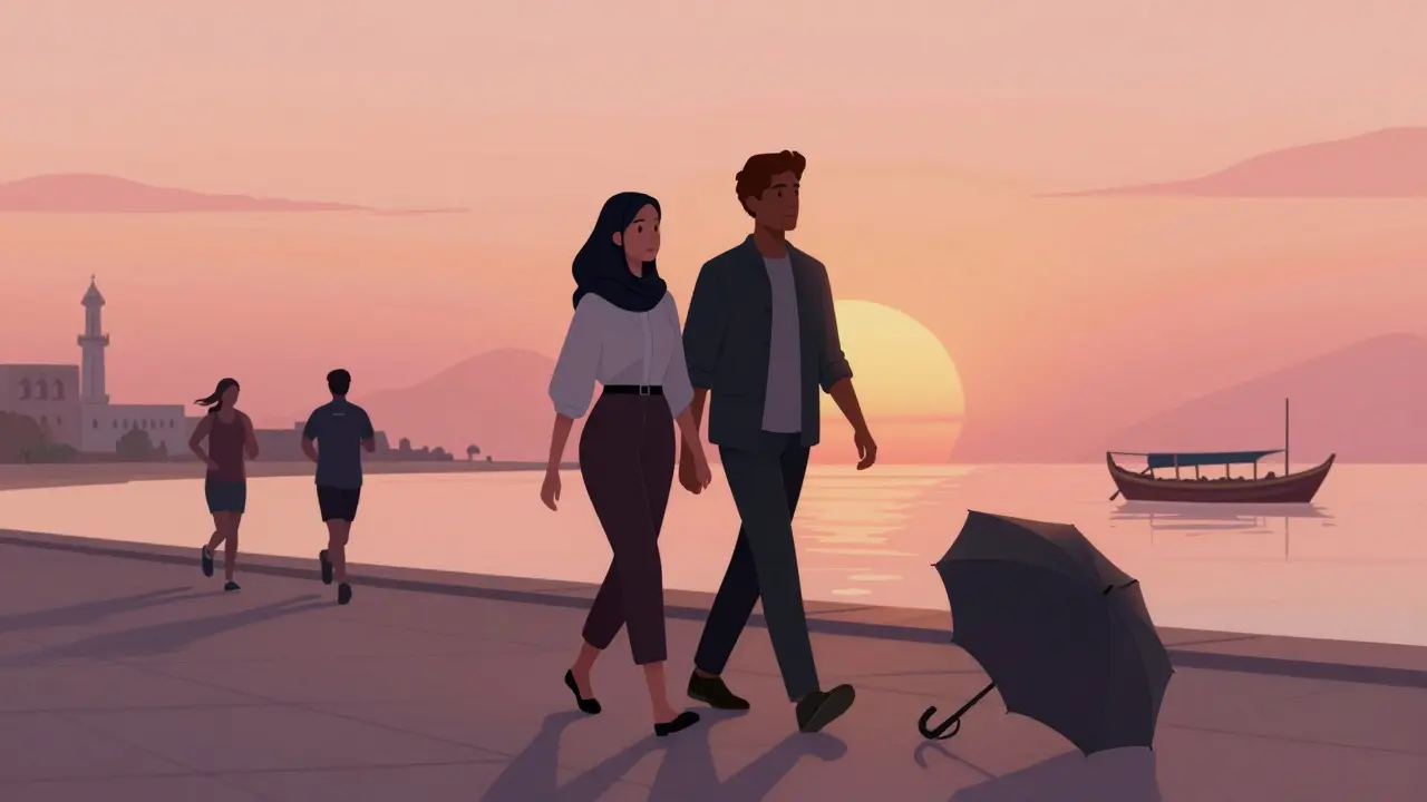 A man and woman walking side by side along the Corniche at sunset, sharing a quiet moment in the city.