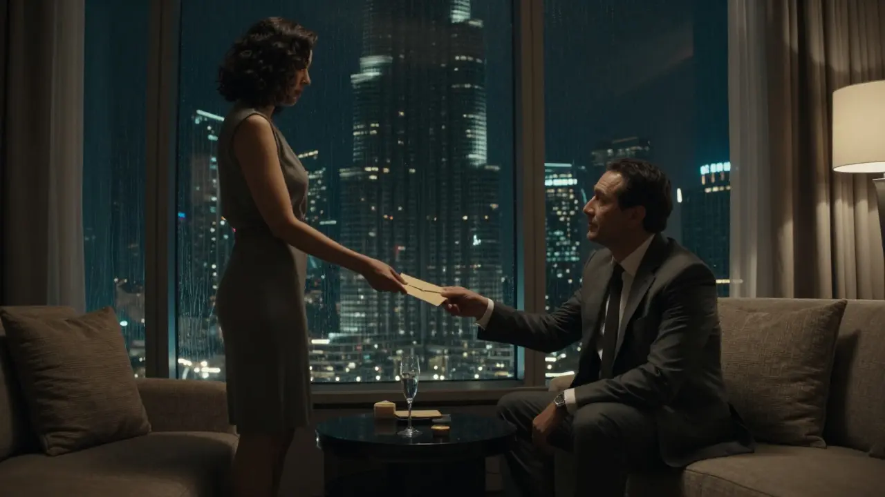 A man hands an envelope to a woman in a luxury hotel room, the Burj Khalifa glowing in the background at night.