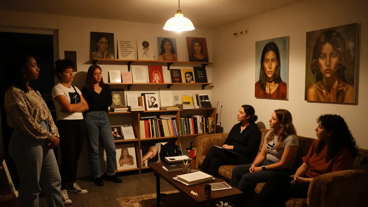 A private art viewing in a basement room with women and clients surrounded by paintings and poetry books in soft lighting.