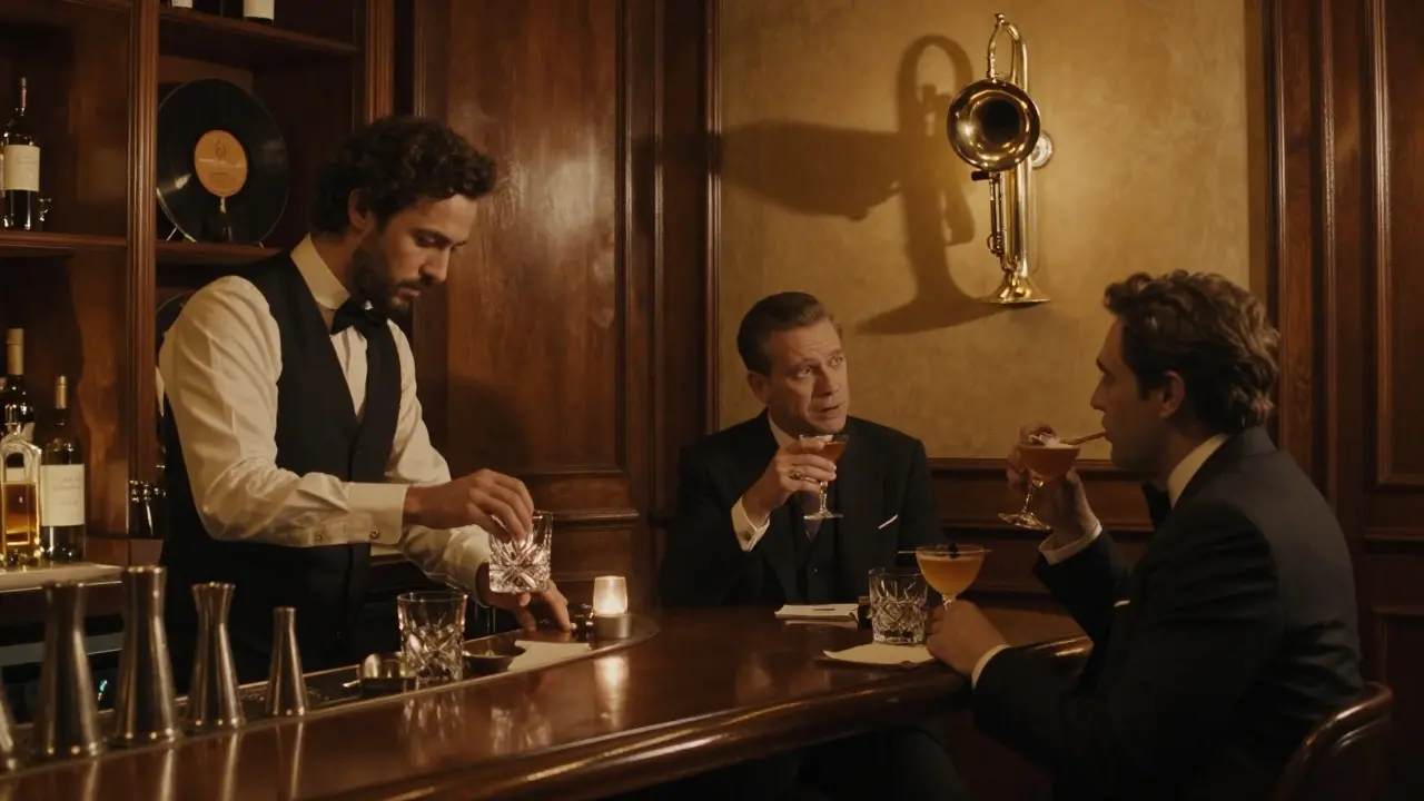 A quiet, dimly lit bar with patrons sipping cocktails in tailored attire, jazz shadows on wooden walls.