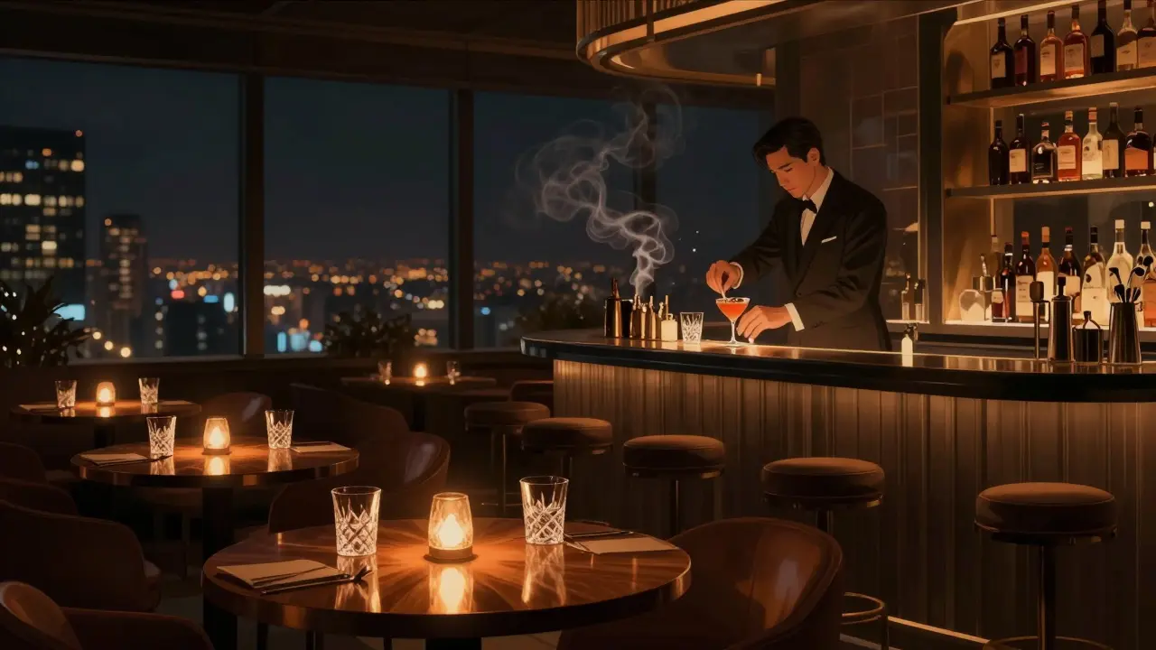 A quiet rooftop lounge with amber lighting, a bartender crafting a drink, no crowds, city lights far below.