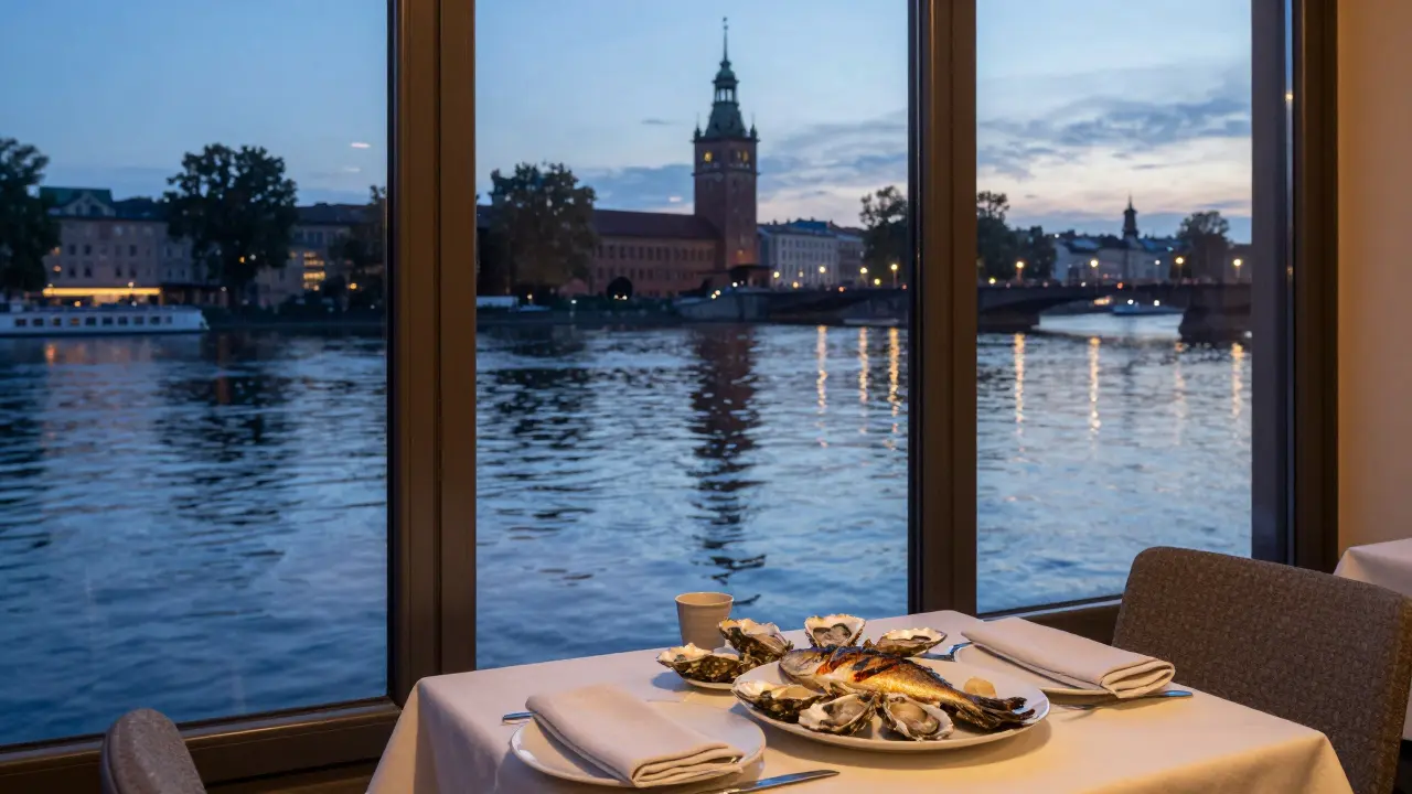 A riverside dining window at night reflecting city lights, with an empty table set for dinner.