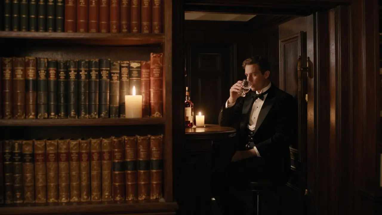 A secret speakeasy behind a bookshelf, candlelit, one guest sipping a rare spirit in deep silence.