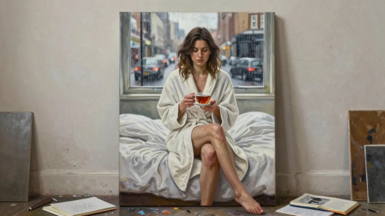 A self-portrait of a woman in a bathrobe holding tea by a rainy window, surrounded by art supplies in a quiet studio.