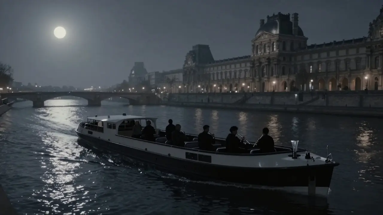 A sleek black boat drifting silently on the Seine at midnight, passing historic landmarks under moonlight.