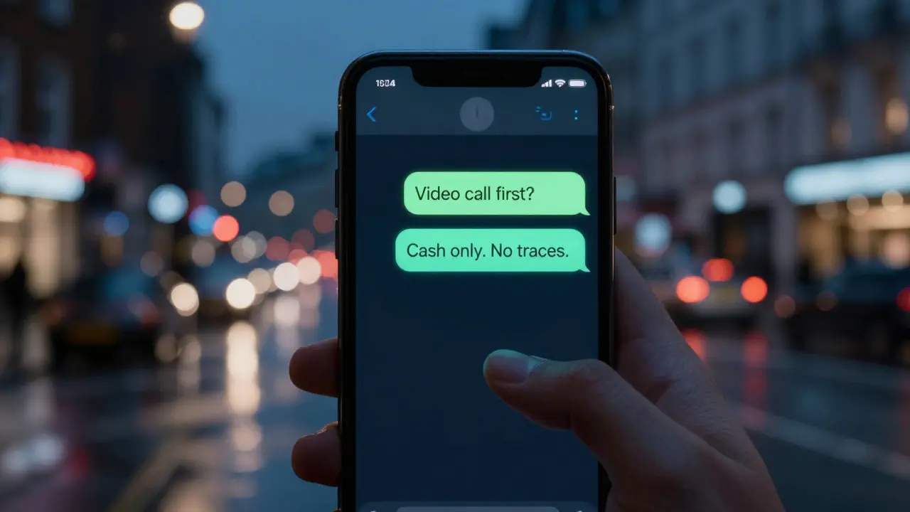 A smartphone screen showing a private WhatsApp chat about safety and payment for escort services in London.