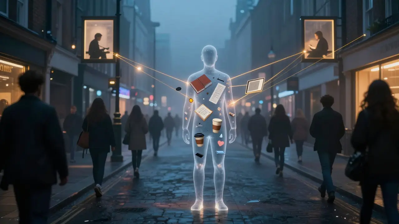 A translucent figure in a foggy London street, filled with symbols of emotional connection amid anonymous crowds.