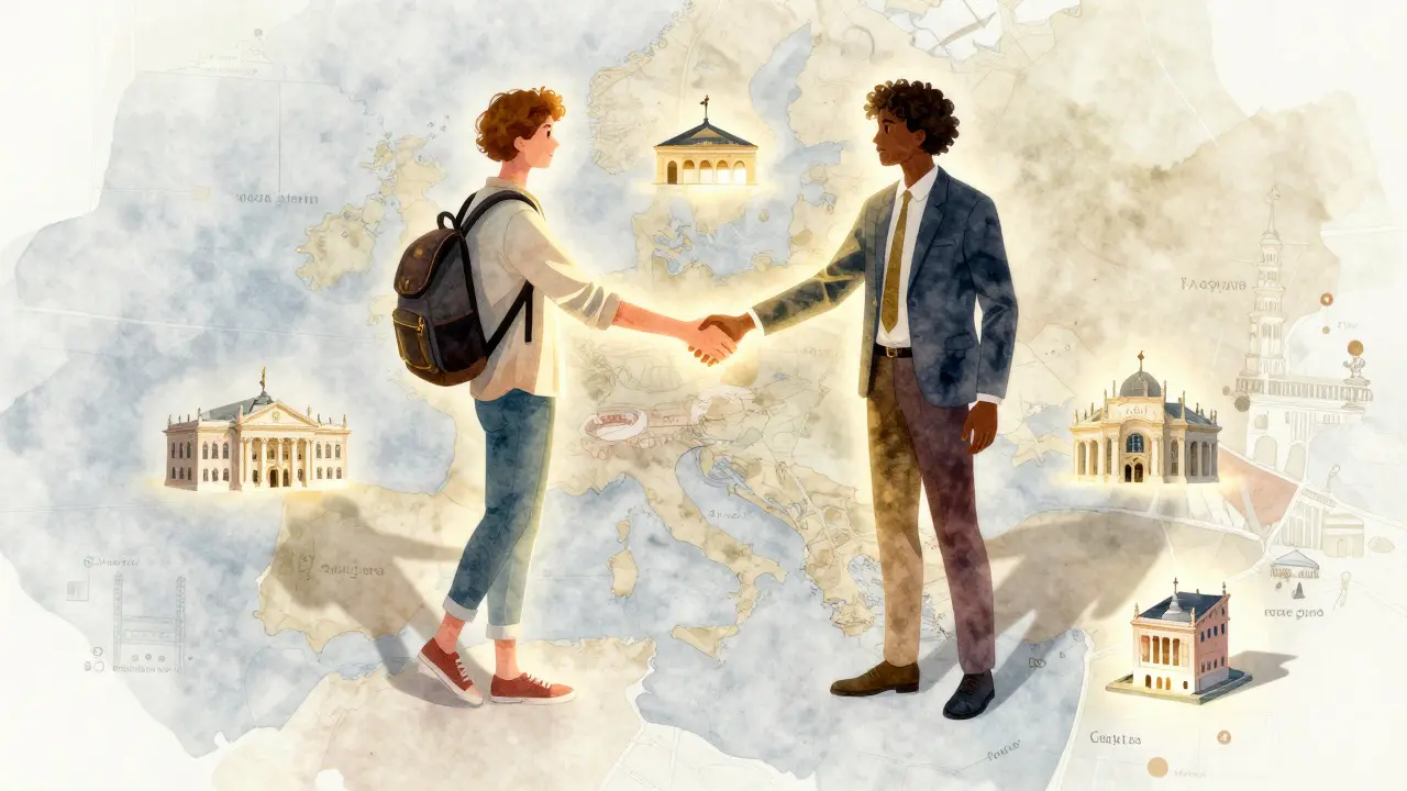A translucent handshake above a map of Milan, symbolizing meaningful connection over tourism.