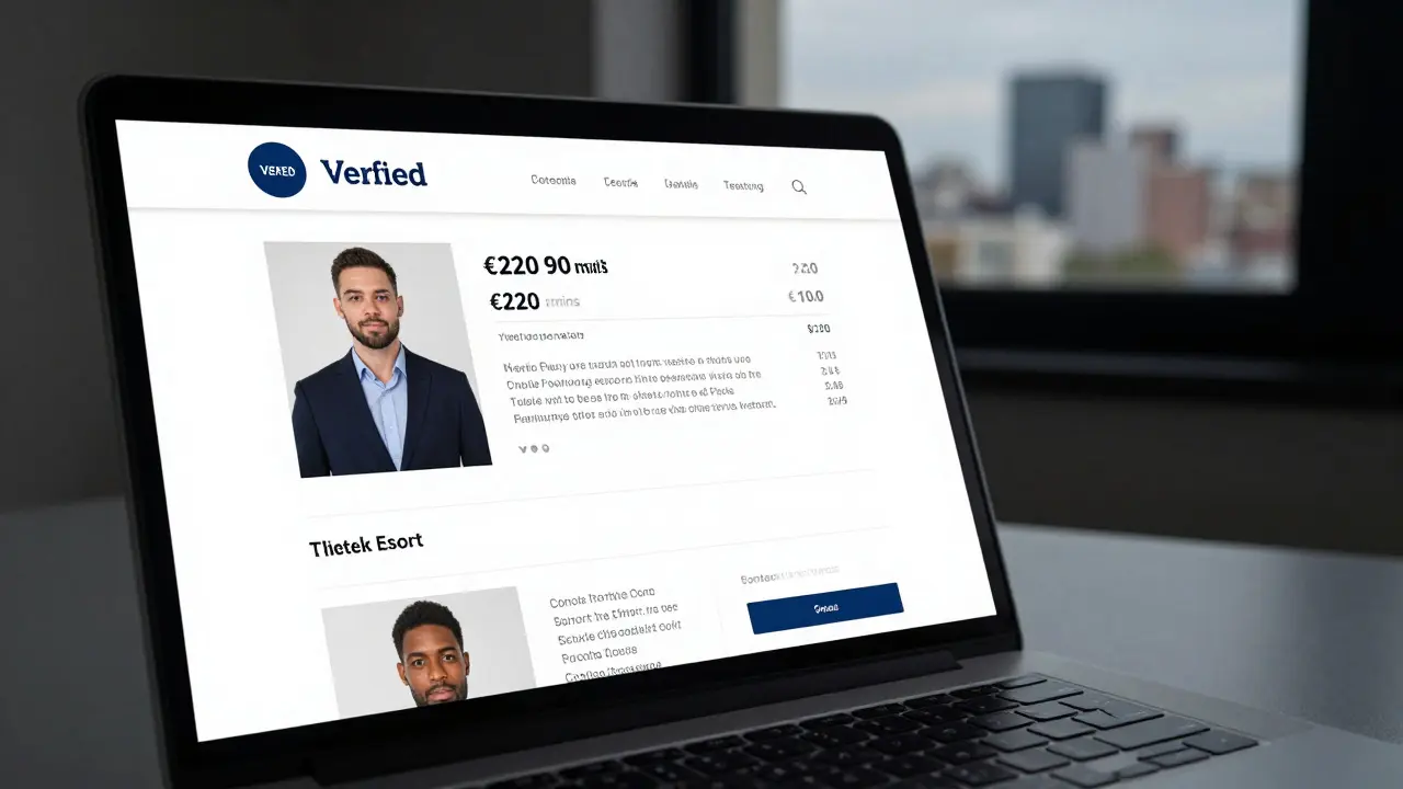 A verified escort profile on a laptop with clear pricing, photos, and reviews, highlighting safe booking practices.