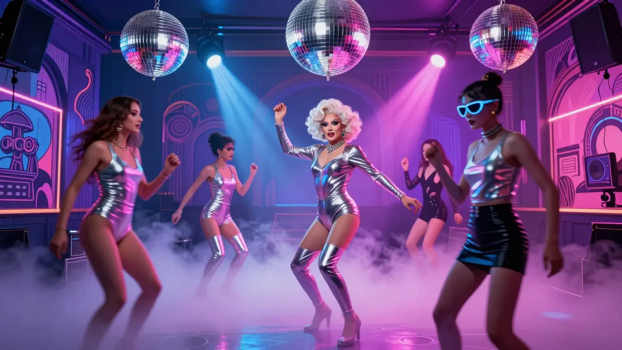 A vibrant 1920s theater turned underground club with drag performers and futuristic dancers under strobe lights.