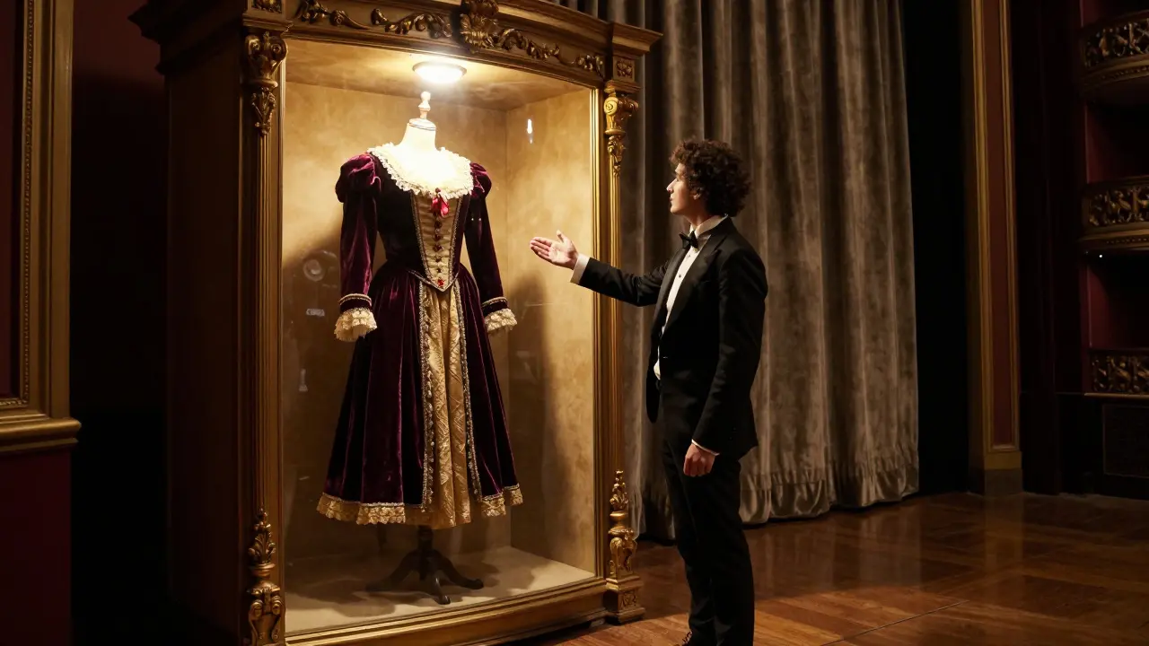 A visitor stands in awe backstage at La Scala, surrounded by vintage costumes and golden light in a climate-controlled vault.