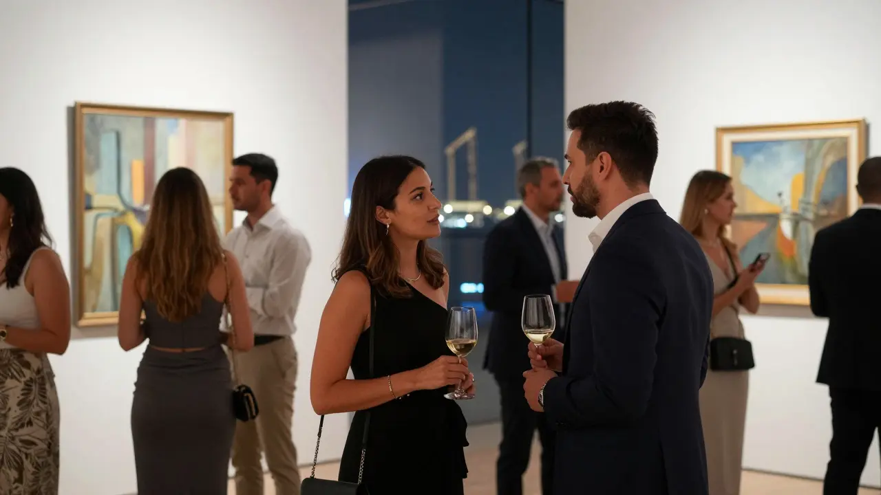 A woman and companion conversing naturally at a sophisticated art gallery opening in Dubai Marina.