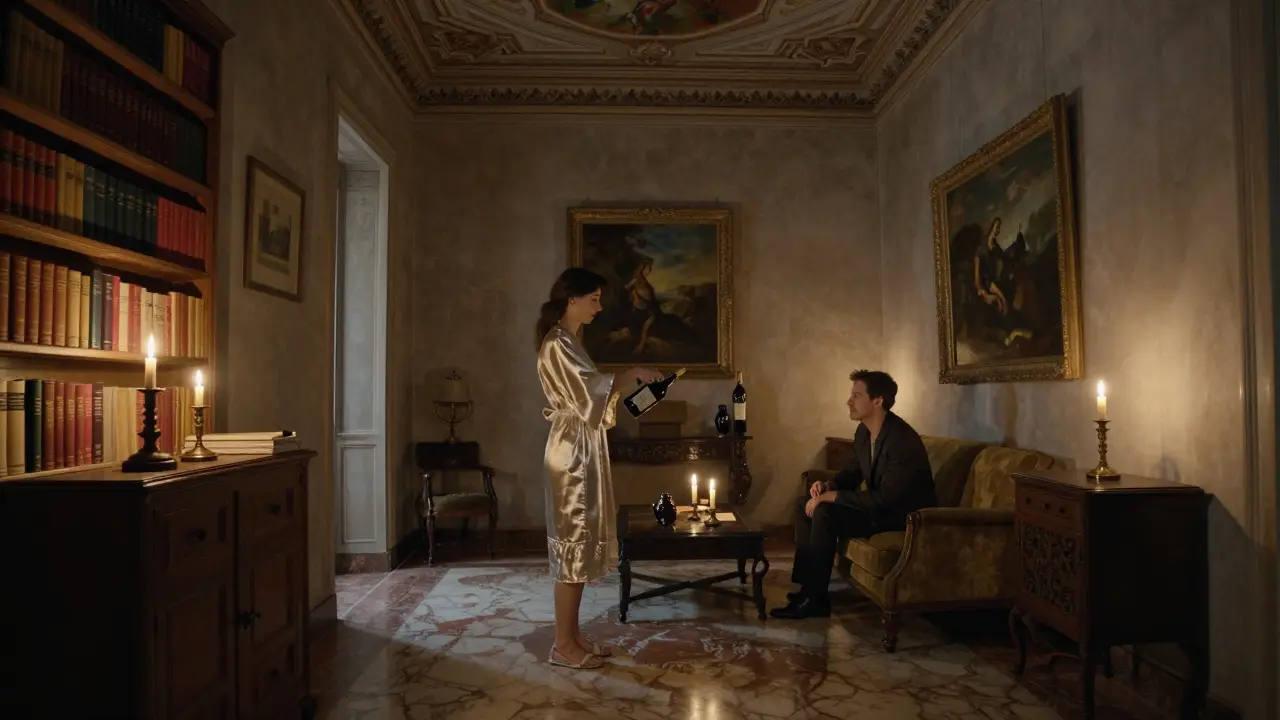A woman and man in a historic Brera apartment, discussing art by candlelight among bookshelves.