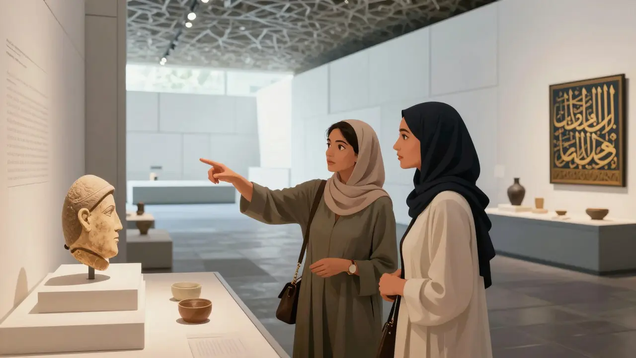 A woman guiding a visitor through the Louvre Abu Dhabi, pointing to an artifact.