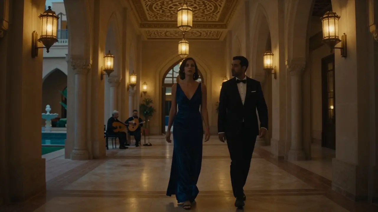 A woman in a blue gown walking through the golden, candlelit ballroom of Emirates Palace after hours.