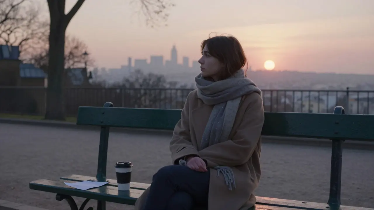 A woman sits alone on a park bench at dawn in Paris, gazing at the sunrise, looking weary yet peaceful.