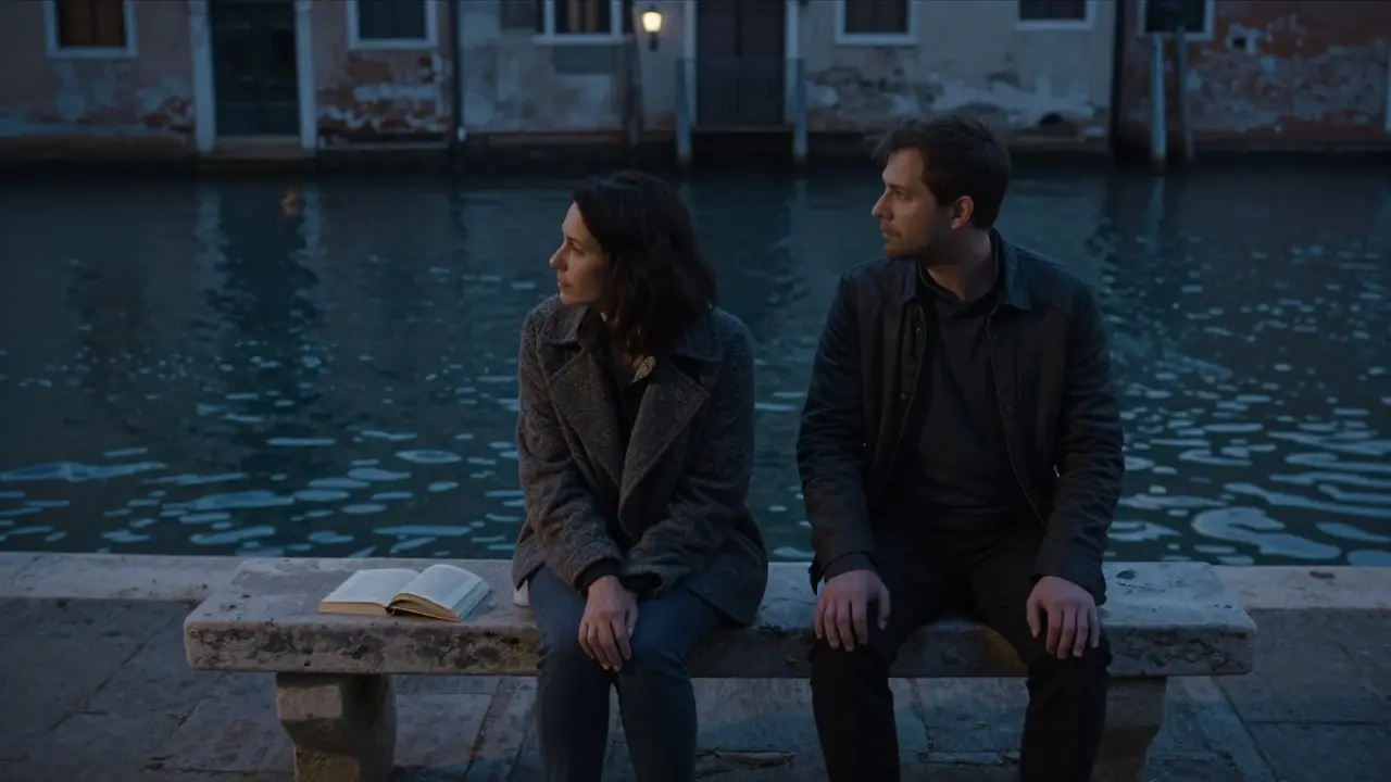 A woman sits on a bench by Navigli canal at night, a book beside her, as a man sits quietly beside her in the lamplight.