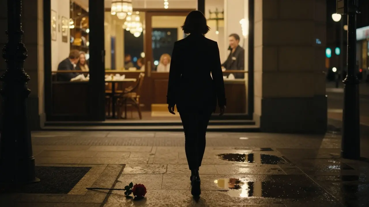 A woman walking away from a restaurant at night, a single flower left behind.