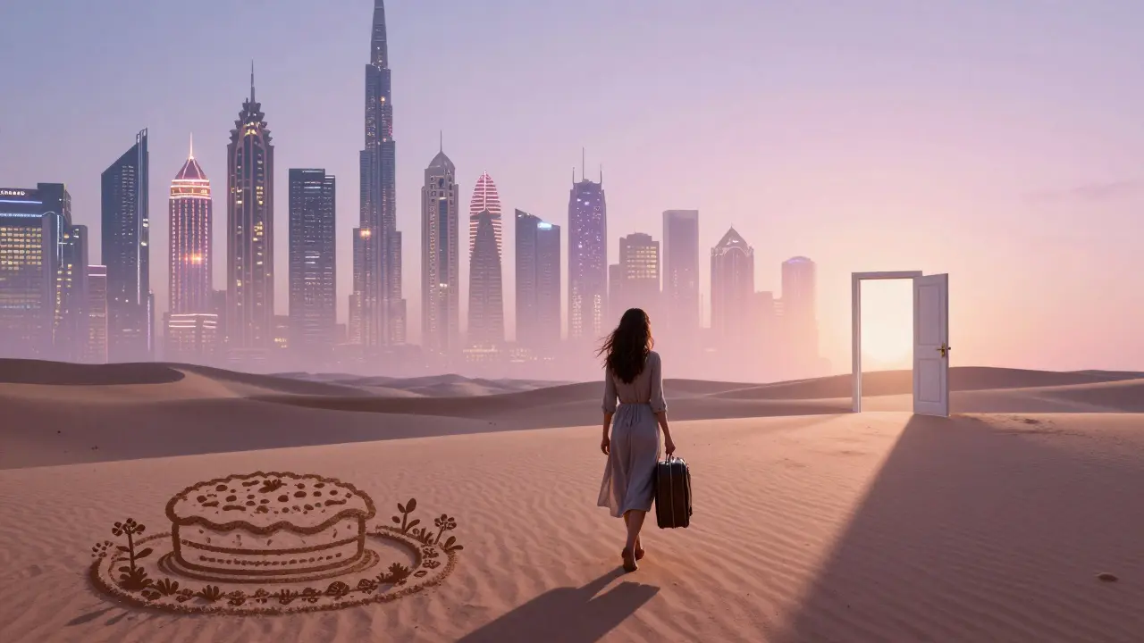 A woman walks away from Dubai's skyline at dawn, her shadow shaped like a bakery with a garden, symbolizing hope and escape.