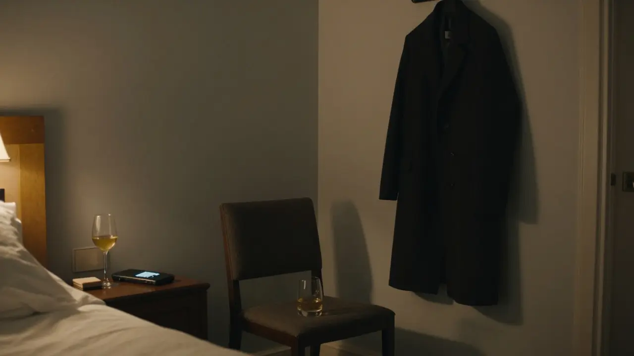 An empty hotel room at night with a phone, wine glass, and hanging coat suggesting a recent encounter.