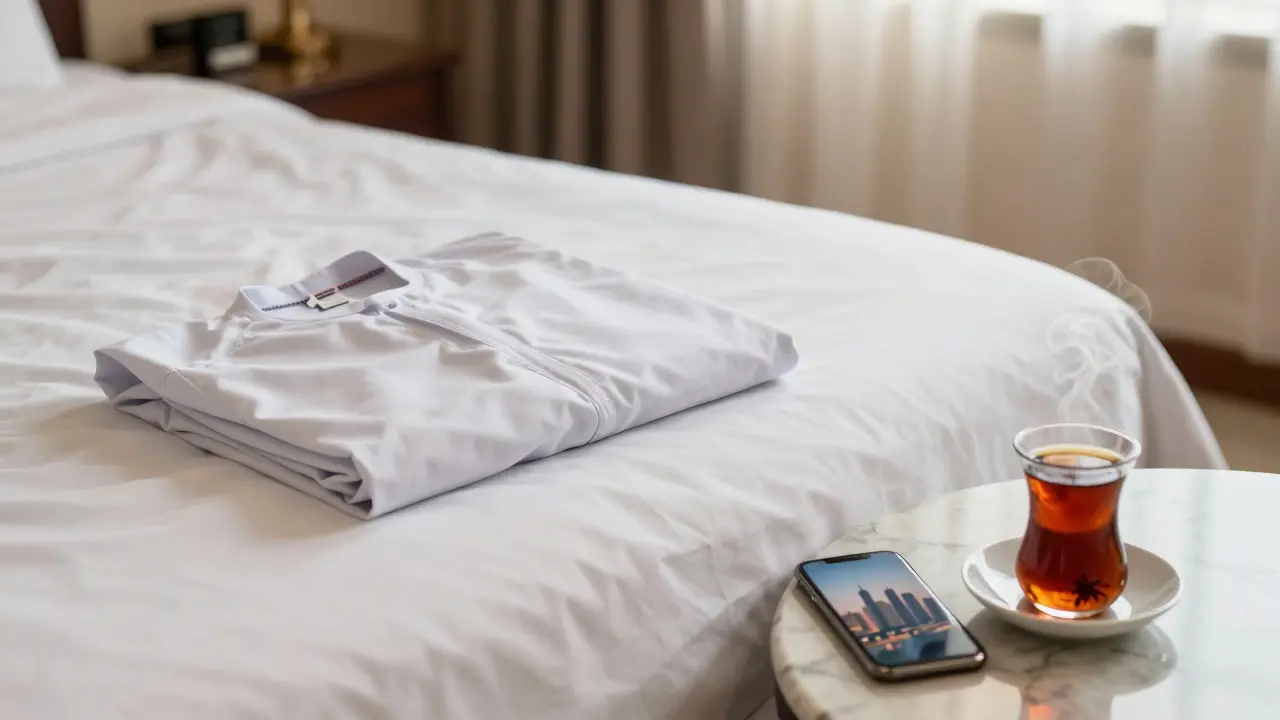 An empty luxury hotel room with a folded thobe and steaming tea, suggesting a respectful, meaningful encounter.