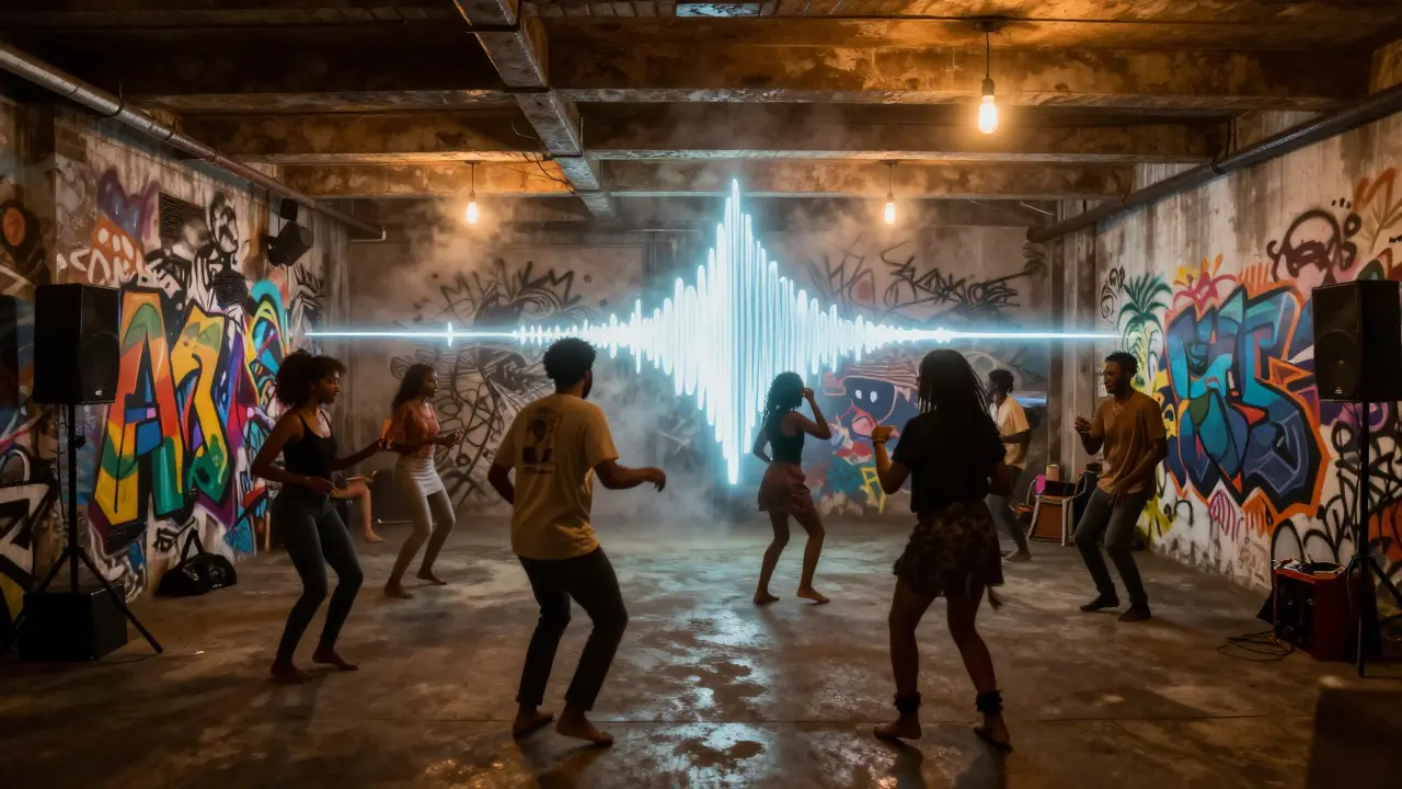 An immersive basement dance space in Peckham with glowing sound waves and a global crowd moving to experimental music.