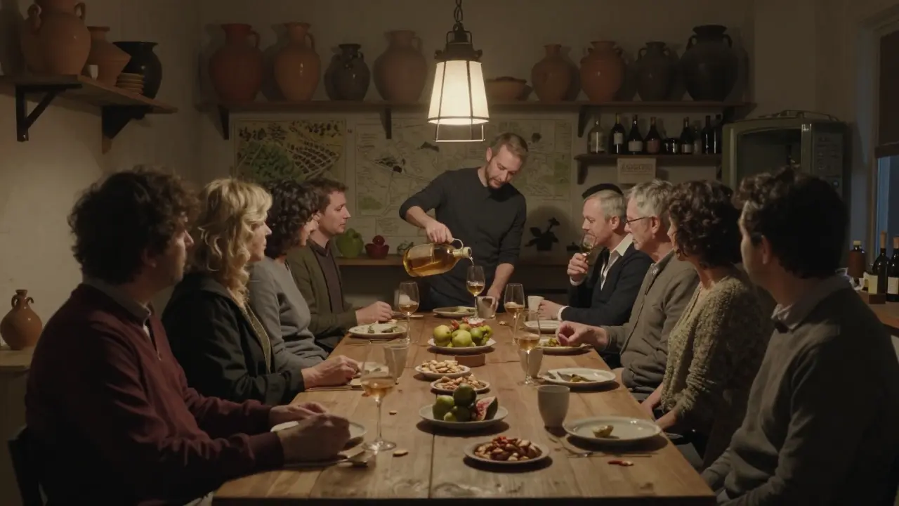 An intimate dinner at The Winemakers’ Table, guests tasting amphora-aged wines from a visiting winemaker under soft lantern light.