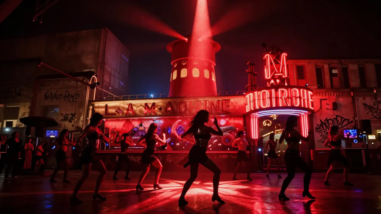 An underground electro club with dancers lost in rhythmic shadows, bathed in pulsing neon lights.