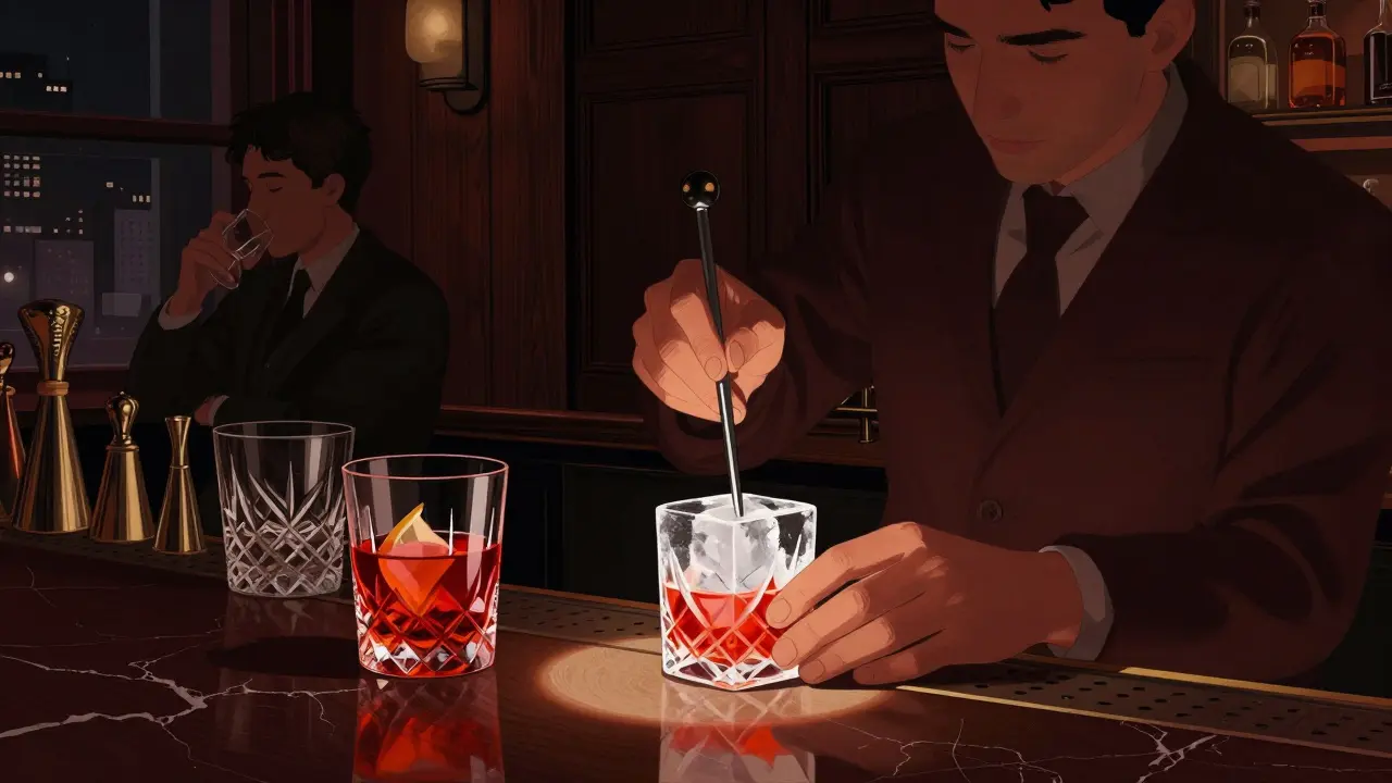 Bar Basso interior with bartender crafting a Negroni under soft, moody lighting.